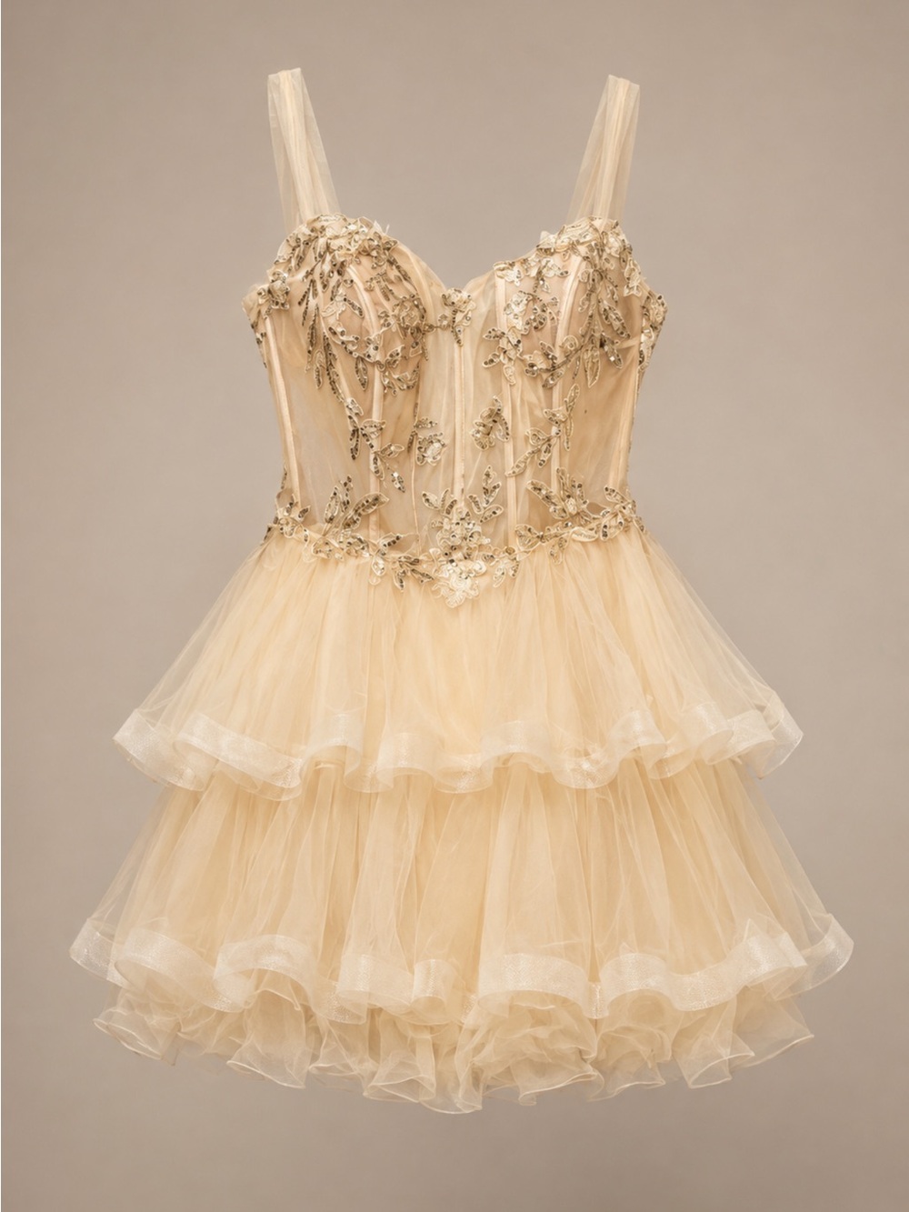 Girls' Champagne Tulle Party Dress with Embellished Bodice